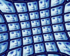 Distorted blue video screens showing the face of a baby