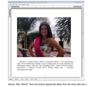 Phishing e-mails included corrupted Microsoft Word documents like this one, containing a photo of "Ms. World." 