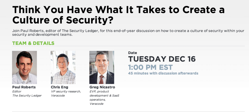 Join us for a hangout to talk about building a culture of security at your organization. 