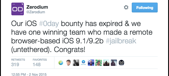 A message posted via Zerodiums Twitter account claims that one team has claimed a $1 million bounty for a remotely exploit for the Apple iOS 9 operating system. 