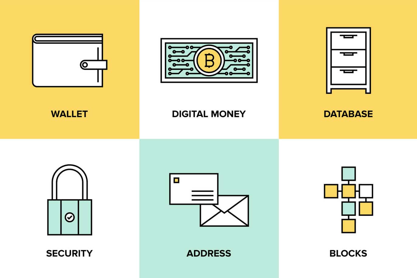 Flat line icons set of bitcoin digital money, cryptocurrency system and mining pool, security software technology and virtual currency management. Flat design style modern vector illustration concept.