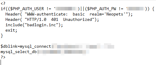 Snippet of code from the NeoPets website showing hard coded credentials. (Image courtesy of John Jackson.)